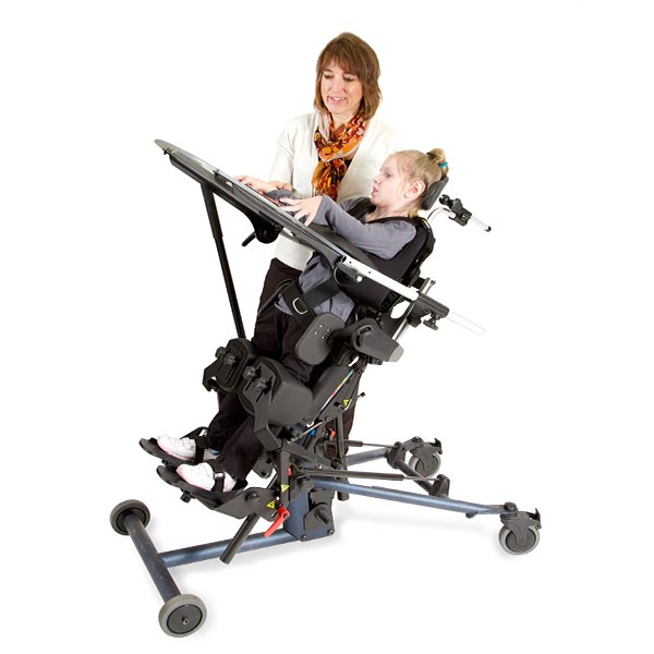 caregiver and child using the EasyStand Bantam standing frame