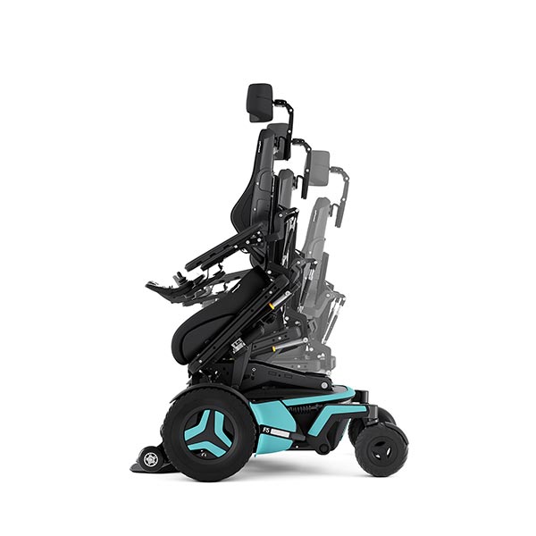 Permobil F5 Corpus Front-Wheel Drive Powerchair tilted to give the user greater elevation