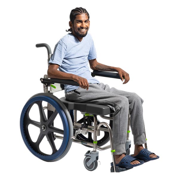 Young adult male seated in the Raz Design Raz-SP Self-Propelled Mobile Commode Chair