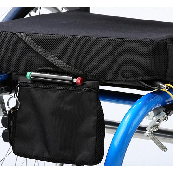 The ROHO QUADTRO SELECT LOW PROFILE wheelchair cushion with zippered pocket attachment on wheelchair