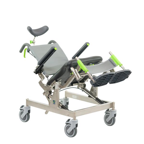Raz Design Raz-CAT Tilting Mobile Shower Commode Chair in tilted position