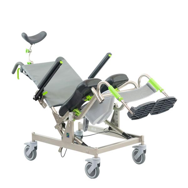 Male caregiver and male equipment user using the Raz Design Raz-AT Tilting Mobile Shower Commode Chair